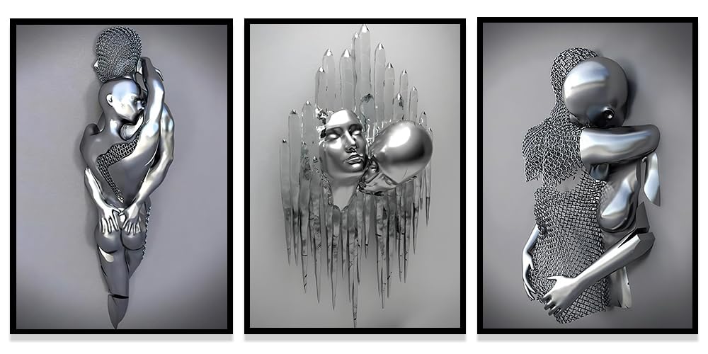 WADBTP Modern Art Metal Figure Canvas Painting Poster, Metal 3D Sculpture Effect, Romantic Lovers Hug Home Poster Set, Frameless (Style 4, 50X70CM*3)