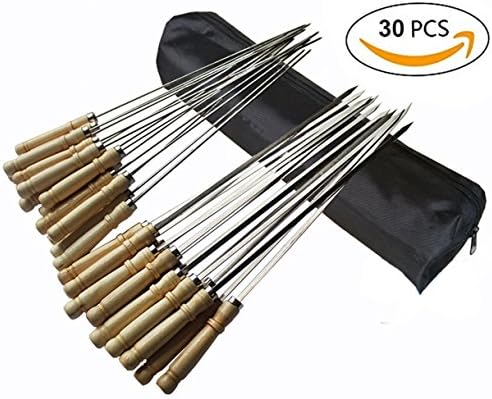 30 PCS Barbecue Skewers Set/ Stainless Steel Wide BBQ Kabob Sticks/ Grilling Skewers,Wooden Handle to Protect Your Hands+ FREE Bag