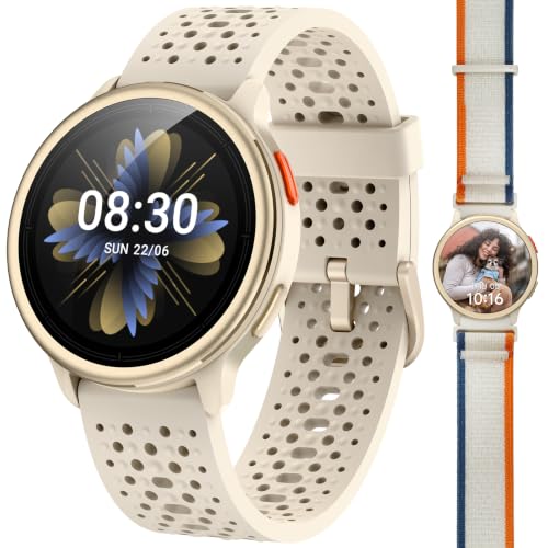 Quican Smart Watches for Women Men, 1.27" AMOLED, Answer/Make Call, Beige | Fitness Watch, Heart Rate/Sleep/SpO2 Monitor, 120+ Sports, 3ATM Waterproof, Android iOS Compatible, 2 Straps, Smartwatch Gift