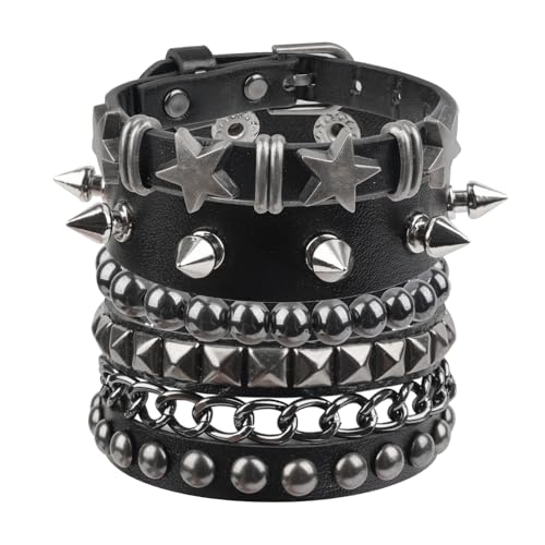 Molirex 4 Pcs Punk Rock Studded Bracelet Set Leather Cuff Bracelets for Men Women 80s Emo Goth Accessories