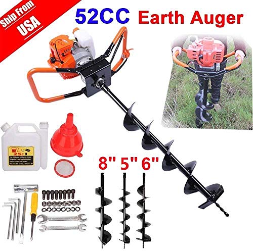 EASYG 52cc 2 Stroke Post Hole Digger, 1.8KW Petrol Gas Powered Earth Auger with 3 Replacement Drill Bits(5", 6", 8")