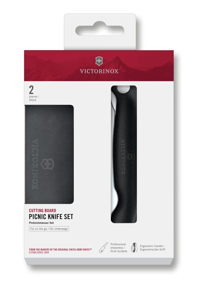 Victorinox Swiss Classic Faltbares Picknick-Messer und Schneidebrett, für Obst, Gemüse, Brötchen, Wellenschliff, Extra Scharf, Schwarz