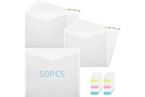 CYEAH 50 Pcs Scrapbook Paper Storage with Buckle Design, 12 x 12 Inch Clear Scrapbook Paper Organizer with 60 Pcs Sticky Index Tabs, Plastic Paper Holder for Holding Scrapbook Vinyl Paper Files Photo