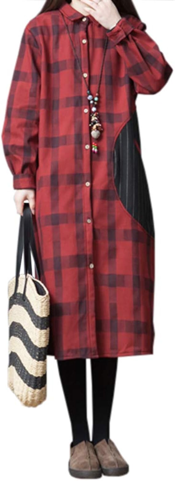 Amazon Co Jp Lht ワンピース レディース ロングスカート チェック柄 シャツ襟 ネックレスなし 体型カバー 着痩せ ゆったり カジュアル 通勤 デート 服 ファッション小物
