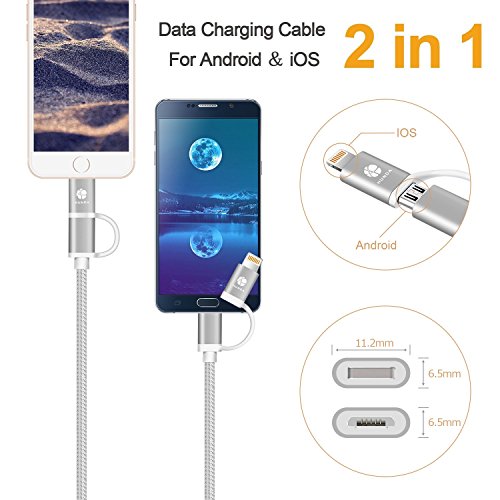 HUNDA [1Pack] 2 in 1 Micro USB and iPhone Charging Cable Compatible with iPhone Xs MAX XR X 8 8Plus iPad Samsung Kindle, Nexus, LG, HTC Android Data Cable (2 in 1 Gray-1 Pack)