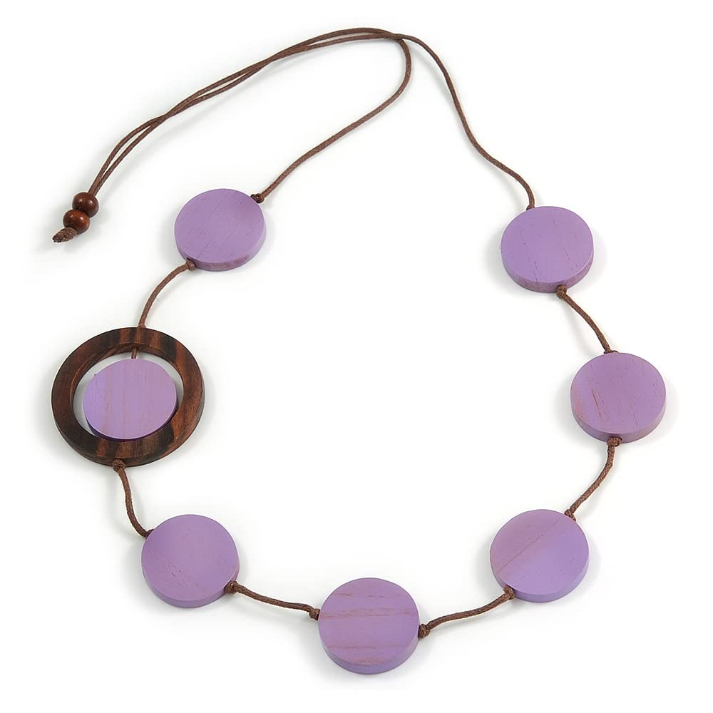 Avalaya Lilac/Brown Coin Wood Bead Cotton Cord Necklace - 80cm Long - Adjustable