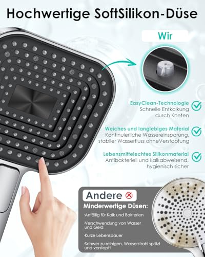 Duschkopf Wassersparend, Duschbrause Groß 135mm, Handbrause mit Antikalk-Funktion 【Lebensmittelechtes Silikon】【43% Wassereinsparung】, AirMix Brausekopf Dusche mit 3 Strahlarten, Chrom (Ohne Schlauch) thumbnail 2