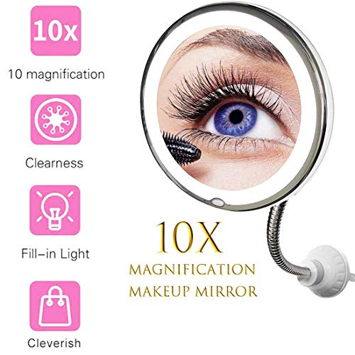 Gooseneck Magnifying Makeup Mirror, Flexible LED Lighted 10X Mirror with Suction Cup, Adjustable 360 Degree Swivel Daylight Cordless Round Vanity Travel Mirror for Wall Mounted Bathroom - Thumbnail 6