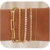Gold Bracelets for Women 14K Gold Plated Stack Trend Bracelets Charm Paperclip Chain Cuban Link Layered Waterproof Bracelet Dainty Bracelet for Women Jewelry Gifts