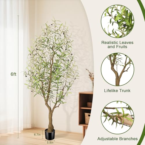 PHYTREE Olive Tree 6FT - Tall Faux Olive Trees Fake Large Plants Artificial Indoor with Realistic Leaves Branches and Lifelike Fruits for Home Office Living Room Decor