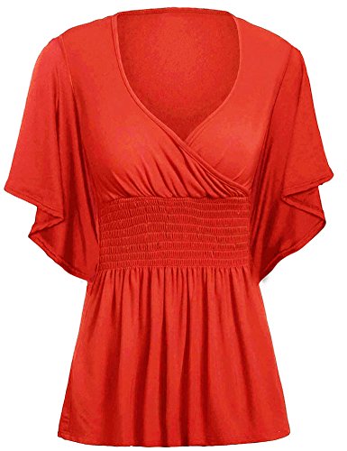 Women V-neck Slimming Short Sleeve Smocked Empire Waist Batwing Tuni Top Plus