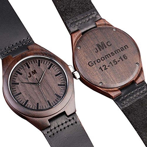 Custom Engraved Wooden Watches for Men Personalized Groomsmen Gifts Ideas Anniversary Gifts for Men Leather Strap Double-Sided Engraved