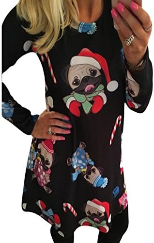 MeNew Women's Long Sleeve Crewneck Casual Ugly Dog Christmas Print Dress S