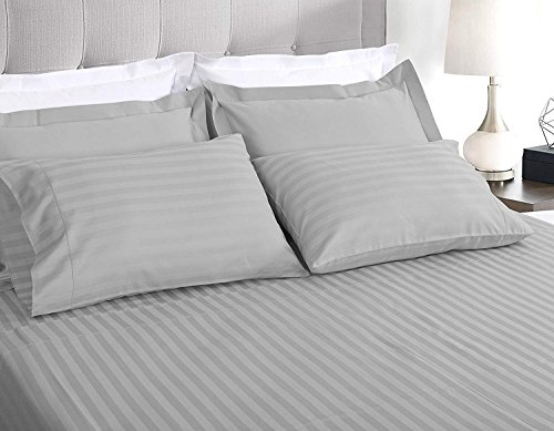 A&T home collection 600 Thread Count 3 PCs Fitted Sheet Set 11-15 inch Deep Pocket 100% Egyptian Cotton Stripe Pattern Size King Color Silver Grey