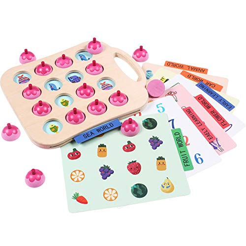 Zerodis Memory Matching Chess Toy, Wooden Pairing Puzzle Game Playset, 6 Big Patterned Cards, Pink, Ages 3-6