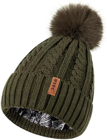 Women\'s Green Winter Beanie Hat Satin Lined Faux Fur Pom Pom Beanies Hat Yanibest Satin Lined Winter Pom Beanie Green main image 2