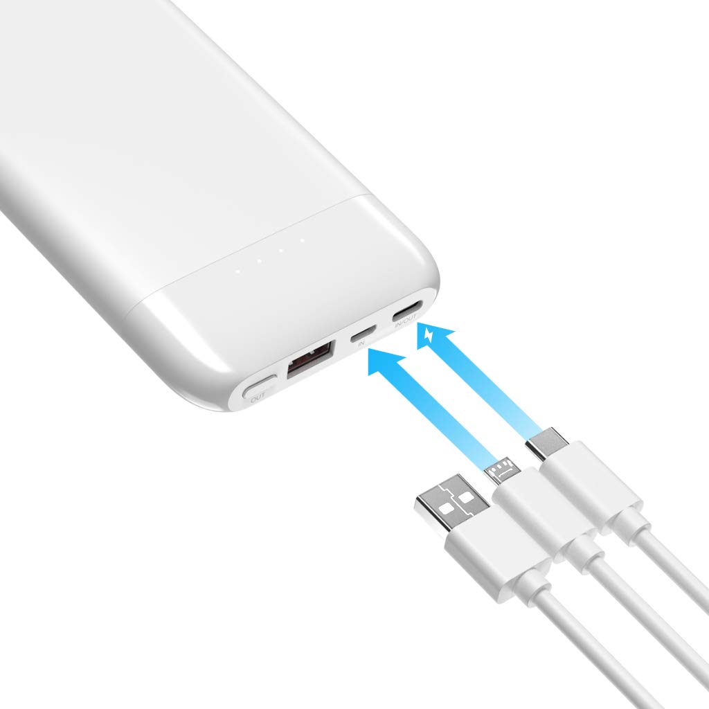 FLOUREON 10000mAh Portable Power Bank External Battery Pack Type C Phone Charger (USB Cable Included) with QC 3.0 High Speed Output for Smart Phones, Tablet, and More(White)