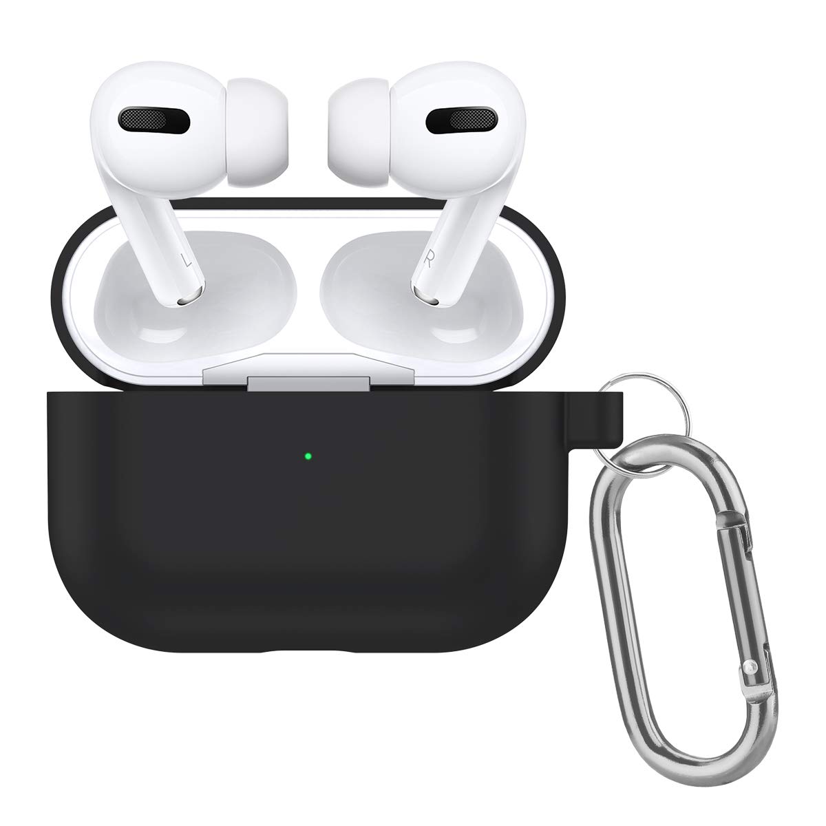 UEEBAI AirPods Case for Airpods Pro, Liquid Silicone Case with Carabiner Front LED Visible Support Wireless Charging Full Protection Portable Protective Cover for Apple Earphones Earpods - Black