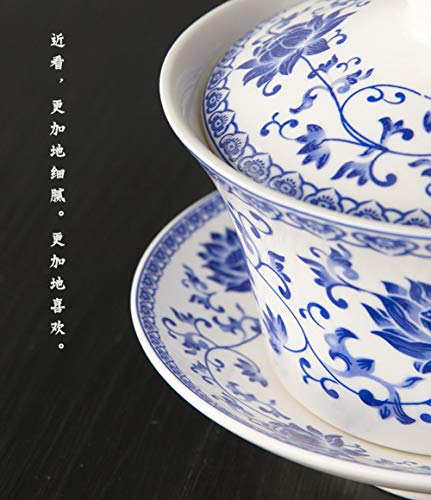 Chinese Porcelain Teacups 6.7oz Gaiwan Flower Tureen Tradition Sancai Cover Bowl Lip Cup Saucer Tea Set for Loose Tea Espresso (200ml Blue lotus)