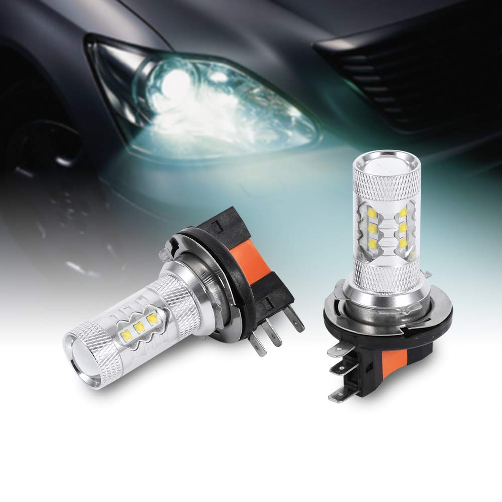 Qiilu 2pcs Daytime running lights White 80W 1200LM H15 LED Bulbs For Signal lights, front headlights, headlights, daytime running lights, fog lights