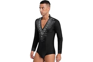 LIYIJIEQIANQIU Mens Latin Jazz Ballroom Dance Leotards Bodysuit Shirt Top V Neck Gymnastics Figure Skating Costume