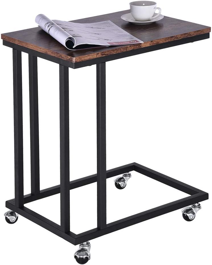 Industrial Side Table, Mobile End Table for Coffee Laptop Tablet, Slides Next to Sofa Couch, Wood Look Accent Furniture with Metal Frame and Rolling Casters - Rustic Brown