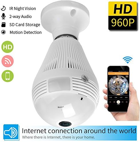 HD 360 Degree Wide Angle Fisheye Wireless Wi-fi LED Light Bulb Panoramic Home Security IP Camera For Phone APP Monitoring Spy- Wireless Night Vision Home Surveillance Security Camera indoor(960P)