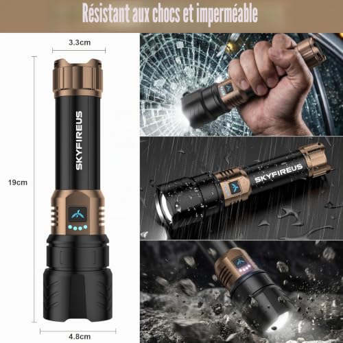 SKYFIRE Ultra Powerful 50000 Lumens Rechargeable LED Torch with Fire Starter & 3 Lenses, 10000mAh Zoomable USB-C 4 Modes IPX6 Waterproof for Camping Hiking Emergency Gift Men