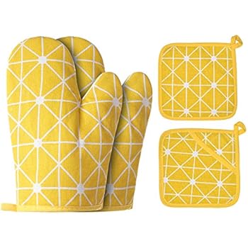 Win Change Oven Mitts and Potholders BBQ Gloves-Oven Mitts and Pot Holders with Recycled Cotton Infill Silicone Non-Slip Cooking Gloves for Cooking Baking Grilling (4-Piece Set,Yellow)