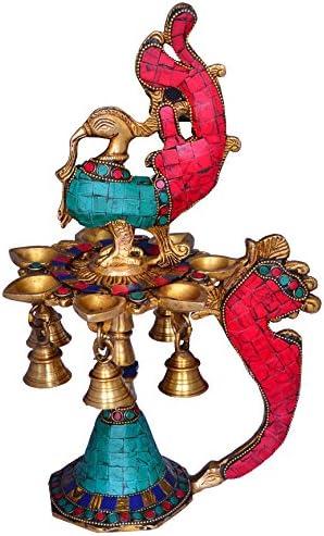 Purpledip Deepaks/Diyas in Pure Solid Brass: Peacock Design and Magnificient Gemstone Work (Kuthu Vilakku); Indian Religious Gift Ideas (10665)