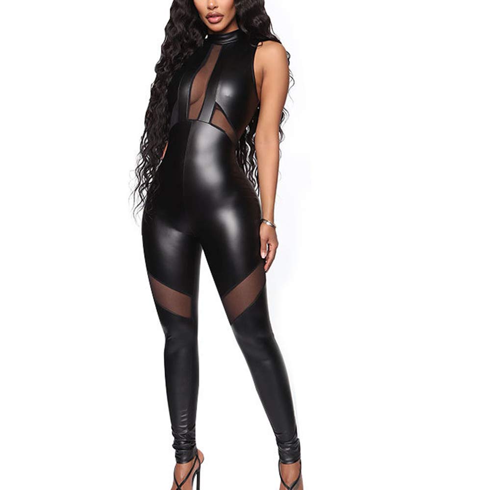Women's Jumpsuit PU Leather Catwoman Catsuit Costume Party Outfit Dress up  Cosplay Tight Bodysuit