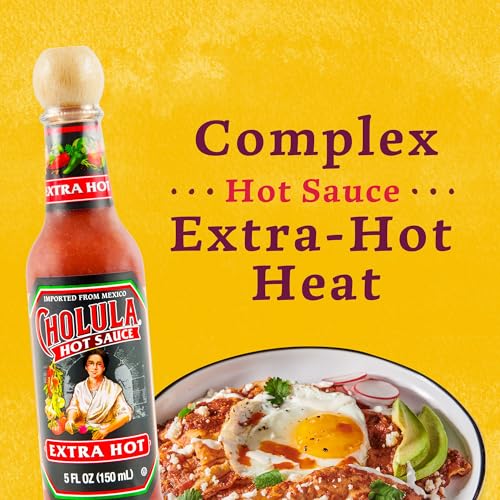 CHOLULA HOT SAUCE, EXTRA HOT, PRODUCT OF MEXICO, BLEND OF ARBOL & PIQUIN PEPPERS FOR BRINGING EXTRA HOT HEAT TO TACOS, EGGS, PIZZA AND MORE, 5 FL OZ