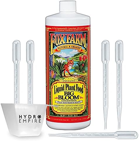Fox Farm Big Bloom Quart Organic Fertilizer, Liquid Concentrate Nutrients Improves Plant and Flower Growth, Stronger Flavors in Fruits Vegetables with 5 Pipettes and 4 oz Hydro Empire Measuring Cup