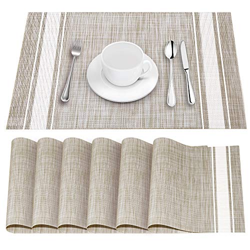 YOSICHY Placemats for Dining Table Crossweave Woven Vinyl Placemat Set of 6 Heat Resistant Non-Slip Kitchen Table Mats Washable(White)