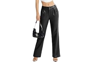 VQW Women's Faux Leather Pants Straight Wide Leg Leather Pants Pleated Pants with Pockets