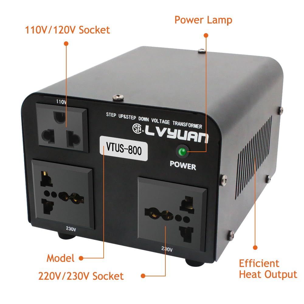 Cantonape Voltage Transformer Converter 800 Watt Step Up/Down Convert from 110-120 Volt to 220-240 Volt and from 220-240 Volt to 110-120 Volt with 1 US Outlets, 2 Universal Outlets