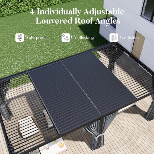HOMPUS Louvered Pergola 12' x 24' Outdoor Aluminum Pergola with 4 Adjustable Rainproof Roof, Modern Louvre Shade for patios, Decks, Gardens and Backyards, Curtains and Netting Included, Black image 10