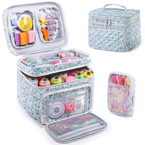 AMOIGEE Double-Layer Sewing Organizer Storage Bag with 2 Detachable Pouches, Large Quilted Sewing Basket for Supplies & Tools, Portable Travel Sewing Kit Case, Gift for Mom(Bag ONLY)