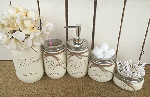 Painted Mason Jar Bathroom Set Of 5 Antique White Rustic