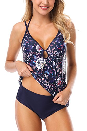 CharmLeaks Women Floral Tankini Two Piece Swimsuits Halter Swimwear Bathing Suits
