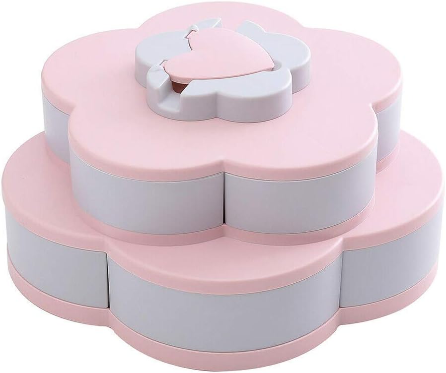 Double-Layer Rotating Fruit Plate Creative Flower Candy Box 10 Grid Dried Fruit Snack Box with Mobile Phone Holder (Pink)