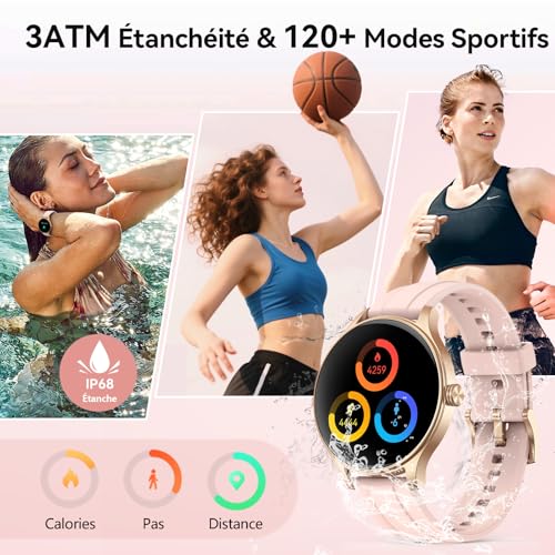 Montre Connectée Femme pour Samsung, iPhone, Android, 1.57" Smartwatch avec Appel Bluetooth, Montre Femme Surveillance de la Fréquence Cardiaque/Sommeil, 3ATM étanche, 120+ Modes Sport, Podometre