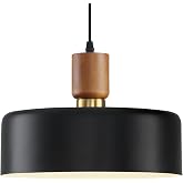 Eustace Black Pendant Light, 11.6" Drum Hanging Light with Oak Wood | Black Pendant Light with Solid Wood, 11 to 76 Inches Adjustable Height, Perfect for Kitchen Island, Dining Table