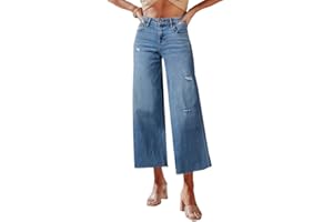 Allimy Women's High Waisted Straight Ankle Wide Leg Ripped Jeans Frayed Hem Stretchy Capri Denim Pants