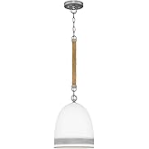 Hinkley Nash 3364AN-GR Small Pendant Light, Bell-Shaped Shade, Hand-Painted Stripe, Jute Rope Accent, Off-White Ceramic w/Gre