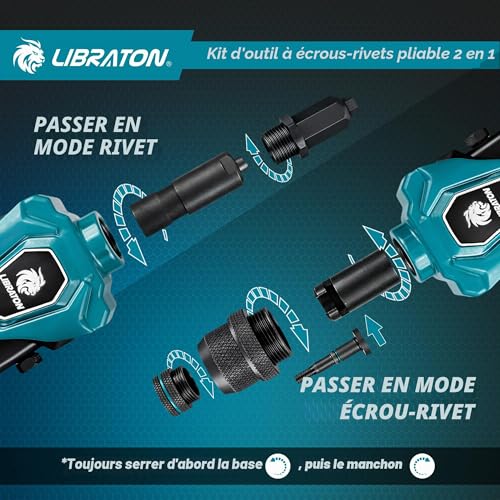 LIBRATON 2 in 1 Folding Threaded Insert Rivet Pliers, 7 Mandrels (M3-M12) & 5 Bits (2.4-6.4mm), Includes 70 Crimp Nuts and 200 Pop Rivets, Powerful Manual Tool for Auto and DIY