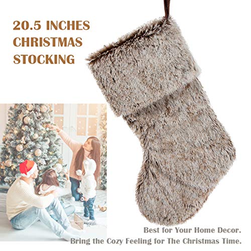 GMOEGEFT Christmas Stocking 20.5 Inches Brown Plush Faux Fur Xmas Tree Holiday Decorations Ornaments