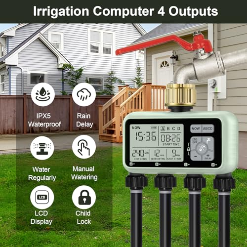 Watering Timer 4 Zone with Brass Inlet, Sprinkler Timer, Programmable Garden Outdoor Hose Faucet Timer with Rain Delay, Auto & Manual Watering System for Garden Lawn