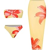 ZAFUL Womens 3pcs Bikini Swimsuits Bandeau 3 Piece Swimwear High Cut Bikini Sets with Long Sheer Coverup Dress