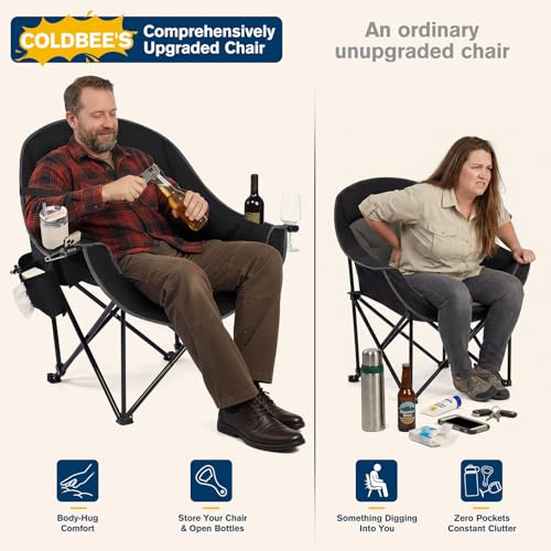 Coldbee Oversized Camping Chairs for Adults - Heavy Duty Padded Folding Lawn Chairs with Cup Holders & Cooler Bag, Comfy Outdoor Chair for Picnic, Beach, Fishing (Black)